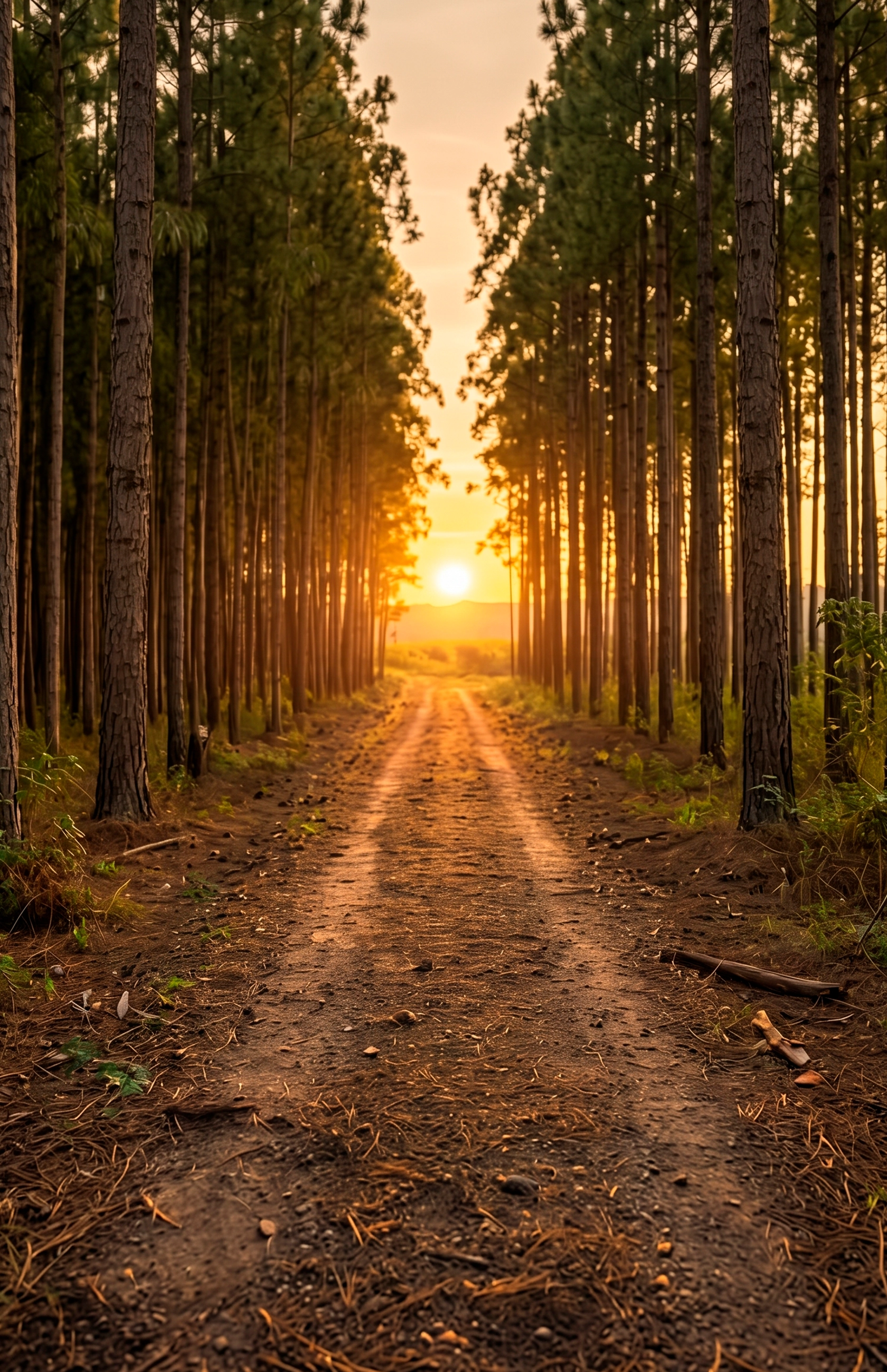 Caminho entre uma floresta cultivada ao pôr do sol