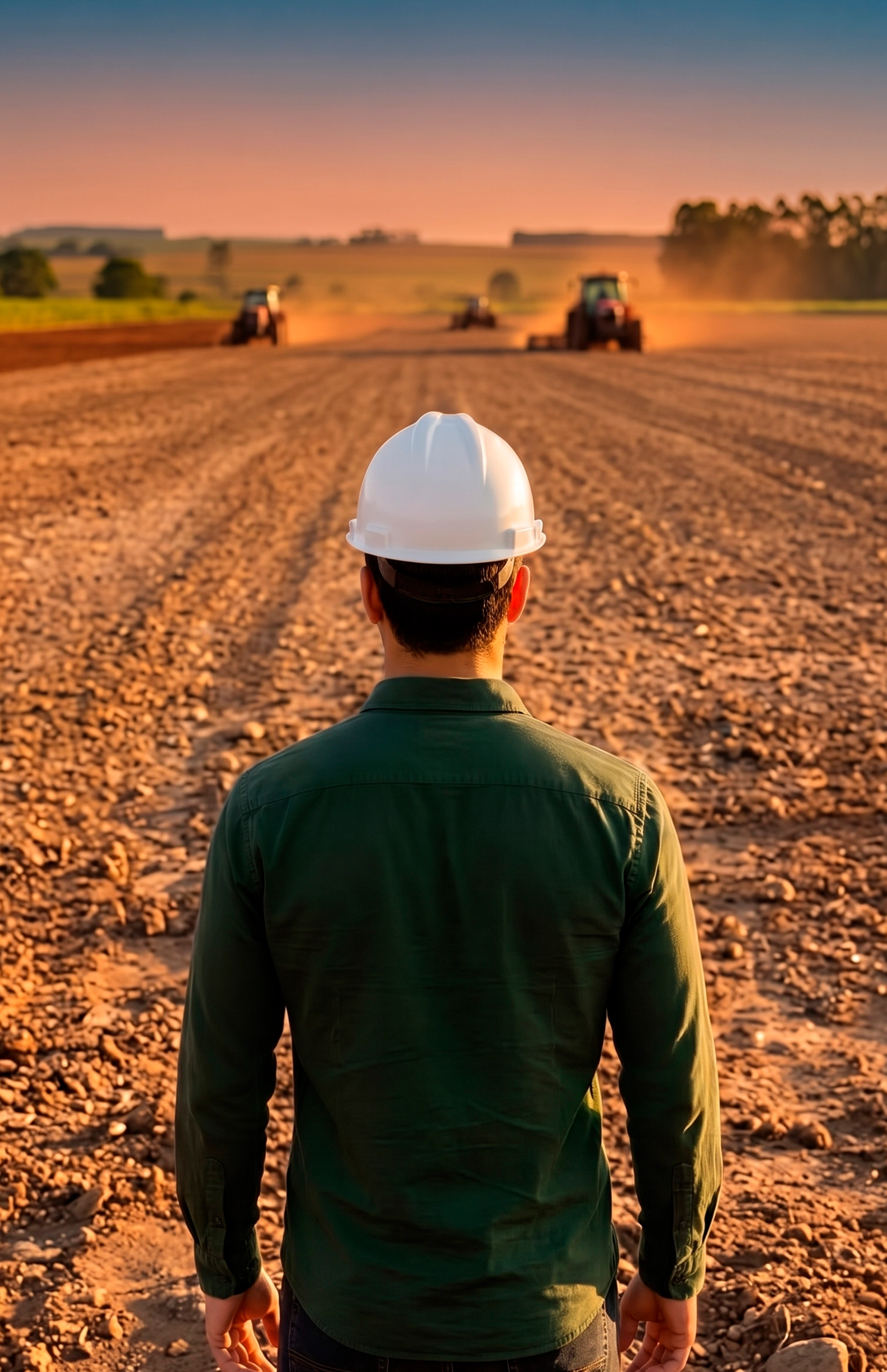 Profissional observando uma operação agrícola mecanizada
