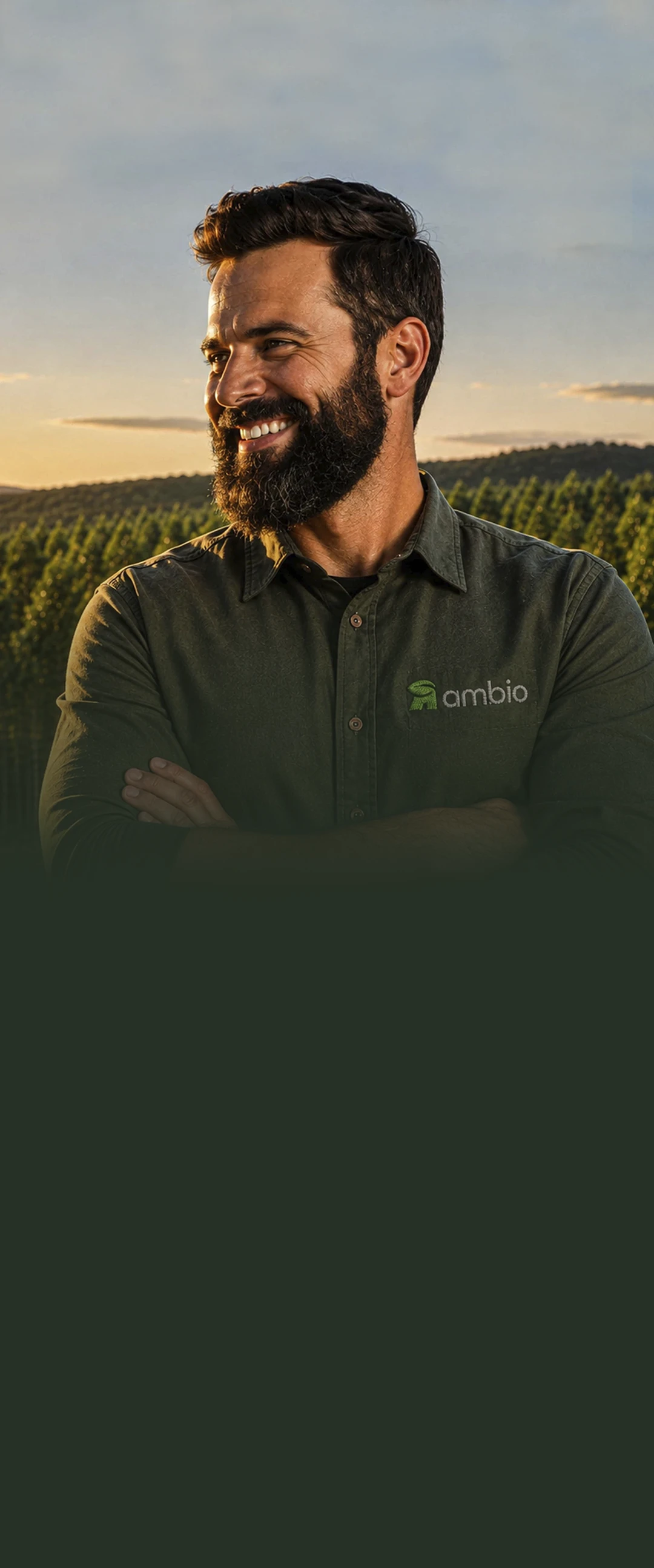 Especialista da Ambio diante de uma floresta plantada ao pôr do sol